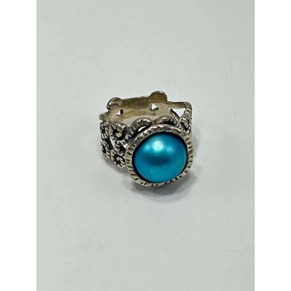 Dyed Blue Genuine Pearl Ring Size 5 Sterling Silver Israel 925 Ornate Wide Band - Picture 2 of 10